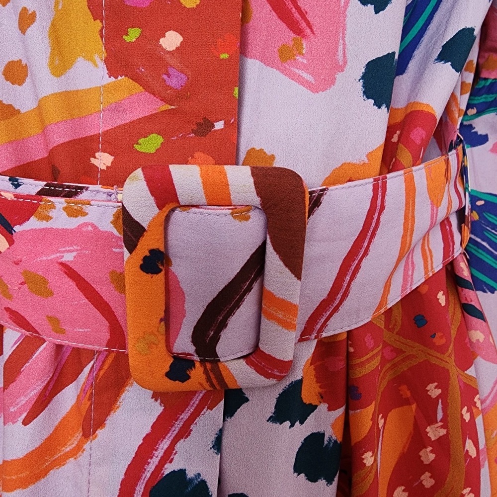 Farm Rio Tropical Print Belted Midi Dress M Pink Orange Bell Sleeve Resortwear - Picture 5 of 16